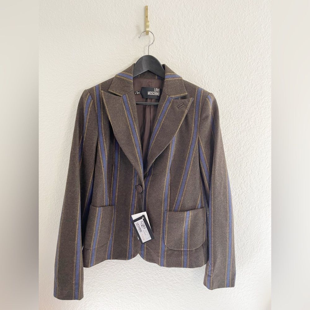 Love Moschino Designer Brown and Blue pin-striped Women's wool Blazer 44/8 NWT - Picture 3 of 10